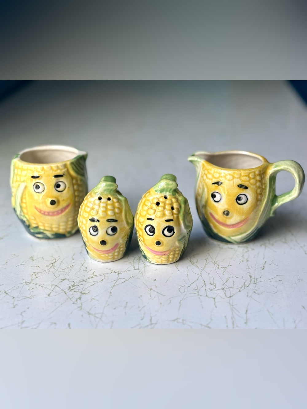 Vintage Anthropomorphic Corn-Shaped Creamer & Sugar + Salt & Pepper Set